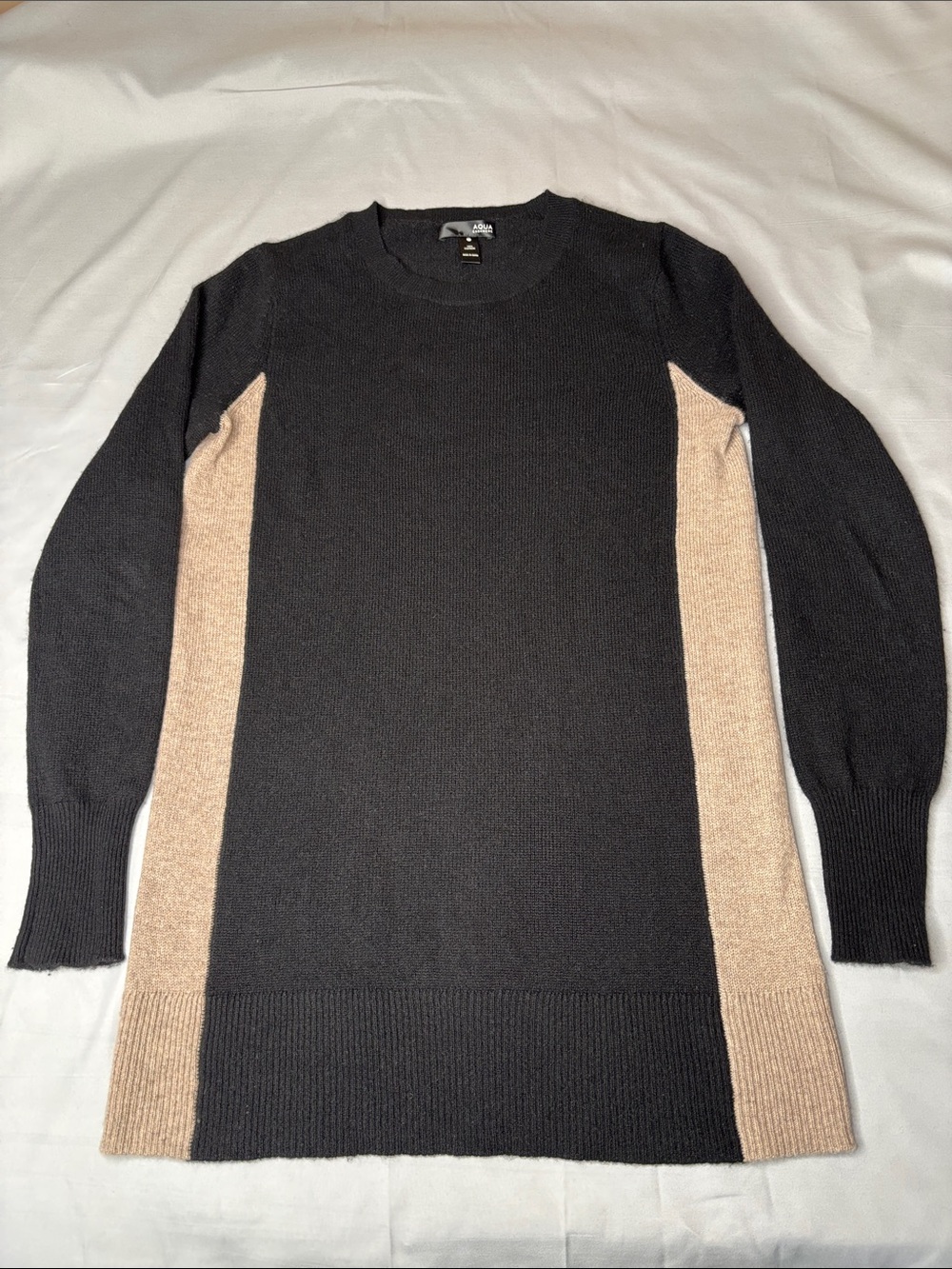 Aqua 100% Cashmere Black Tan Crewneck Sweater Dress Two-Tone Knit Size Small